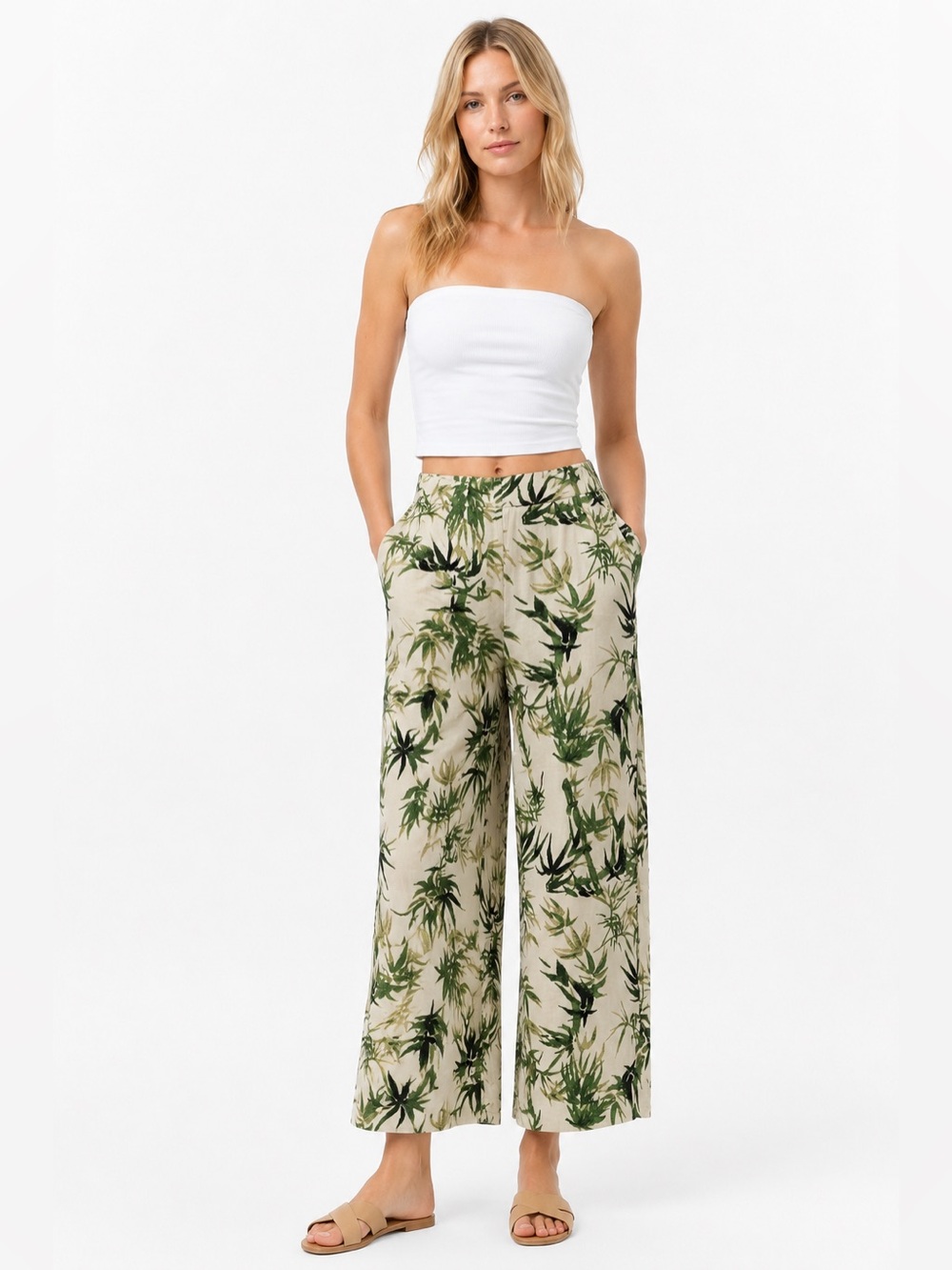 J. Jill Linen Blend Bamboo Print Wide Leg Crop Pants coastal Medium $109